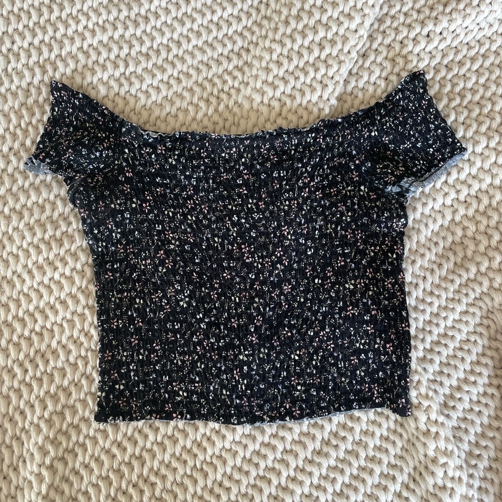 GARAGE Women’s Off The Shoulder Floral Shirred Crop Top Black White Pink Blue